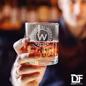 DADDY FACTORY Personalized Whiskey Glass, Engraved Monogram Rocks Cocktail Glass, 10.25 oz Custom Bourbon Gift For Men