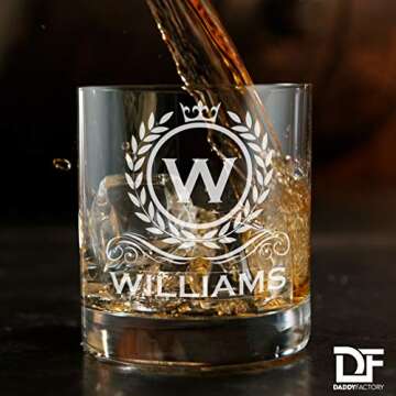 DADDY FACTORY Personalized Whiskey Glass, Engraved Monogram Rocks Cocktail Glass, 10.25 oz Custom Bourbon Gift For Men