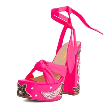 XYD Women Elegant High Chunky Heel Sandals with Rhinestones