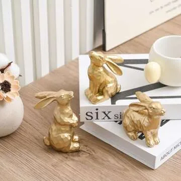 AOMOONOA Resin Gold Bunny Decor Rabbit Figurines, Small Easter Bunny Figurine Set of 3, Easter Rabbit Statues for Spring Tabletop Decor