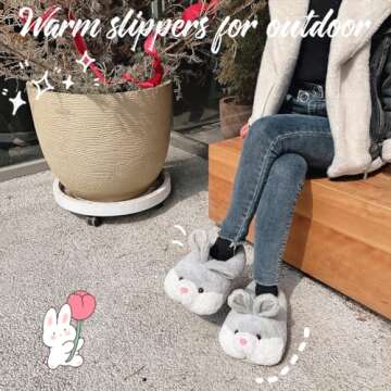 Caramella Bubble Classic Bunny Slippers for Women Funny Animal Novelty Slippers for Adults Cute Plush Rabbit Bedroom Slippers Grey