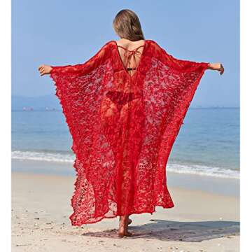 Women Swimwear Cover Ups Maxi Plus Size Flowy Lace Knimos Cover Up for Christmas Beach Bathing Suit Red