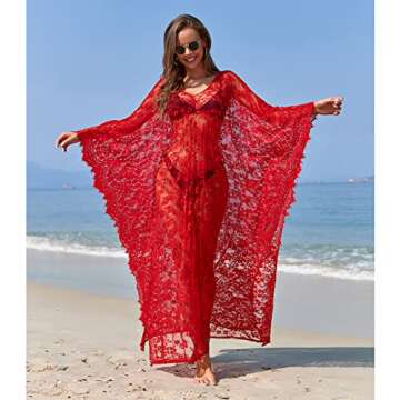 Women Swimwear Cover Ups Maxi Plus Size Flowy Lace Knimos Cover Up for Christmas Beach Bathing Suit Red