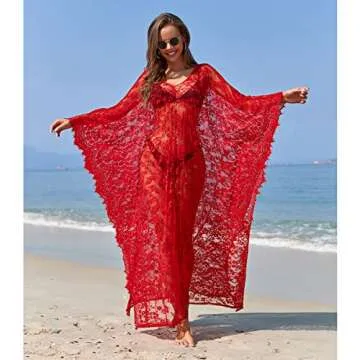 Women Swimwear Cover Ups Maxi Plus Size Flowy Lace Knimos Cover Up for Christmas Beach Bathing Suit Red