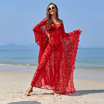 Women Swimwear Cover Ups Maxi Plus Size Flowy Lace Knimos Cover Up for Christmas Beach Bathing Suit Red