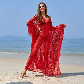 Women Swimwear Cover Ups Maxi Plus Size Flowy Lace Knimos Cover Up for Christmas Beach Bathing Suit Red