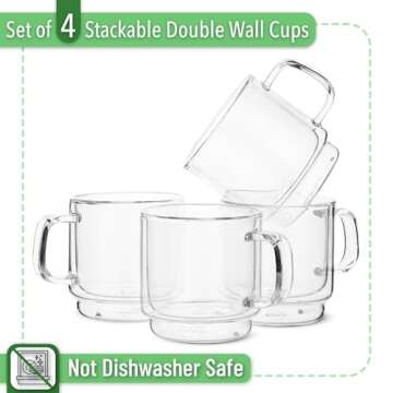 BTaT- Stackable Double Wall Glass Cups, Set of 4 (8 oz, 240 ml), Tea Cups, Glass Coffee Mugs, Cappuc...