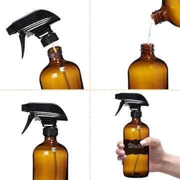 Amber Glass Spray Bottles For Cleaning Solutions (4 Pack) - 16 Ounce, Refillable Sprayer for Essential Oil, Water, Kitchen, Hair. Durable Black Trigger Sprayer w/Mist and Stream Settings