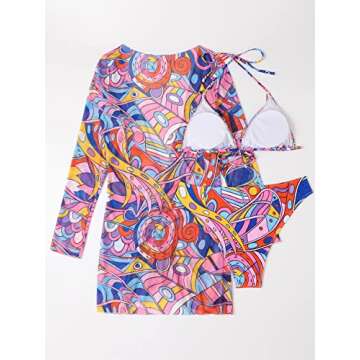 SOLY HUX Women's Printed Triangle Halter Bikini Bathing Suit with Cover Up 3 Piece Swimsuits