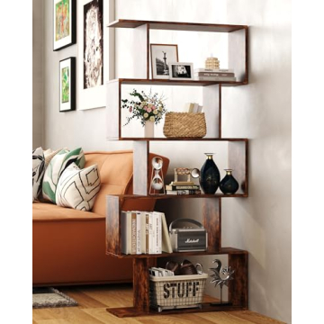 Yusong Geometric Bookcase Modern Industrial Shelf Rustic Brown