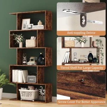 Yusong Geometric Bookcase Modern Industrial Shelf Rustic Brown