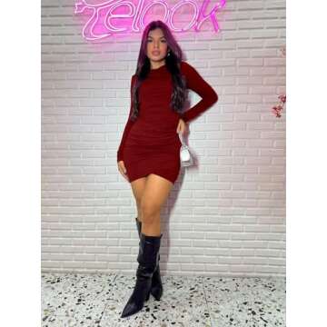 BORIFLORS Women's Sexy Wrap Front Long Sleeve Ruched Bodycon Mini Club Dress,Medium,Wine Red