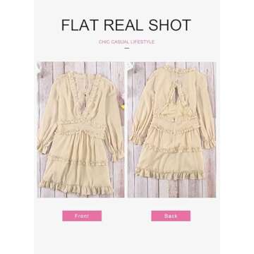 Dokotoo Womens Cute Summer Spring Casual V Neck Chiffon Lantern Long Sleeve Elegant Boho Hawaiian Flowy Mini Short Tunic Skirt Dresses for Women Party 2025 Beige X-Small