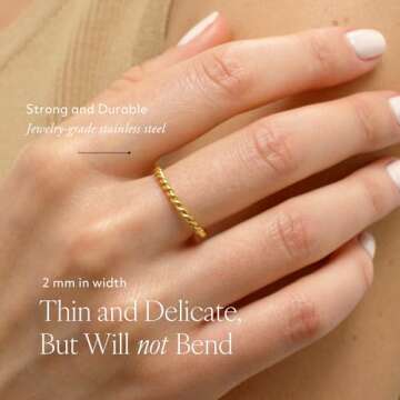 BENIQUE Gold Stacking Rings for Women, Dainty 18k Gold Plated Stainless Steel Non-Tarnish Waterproof Snake Twist Band, Comfort Fit Size 4 5 6 7 8 9 10 11 (2mmTwist/8)
