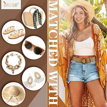 JASGOOD Set of 4 Women Skinny Elastic Dress Belt, Straw Woven Stretchy Waistband Fashion Large Style Buckle (Black+Beige+Stripe+Khaki,Waist Size Below 35 Inch)