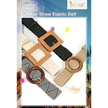 JASGOOD Set of 4 Women Skinny Elastic Dress Belt, Straw Woven Stretchy Waistband Fashion Large Style Buckle (Black+Beige+Stripe+Khaki,Waist Size Below 35 Inch)
