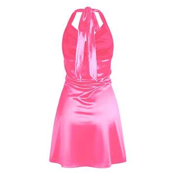ZAFUL Women Halterneck Satin Mini Dress Sexy Cowl Neck Silky Party Cocktail Club Dress (Hot Pink-Hal...