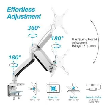 AVLT Single 17"-49" Super Ultrawide Monitor Arm for Screens Up to 50 lbs, Premium Aluminum Desk Stand, Adjustable Pneumatic Height, Full Motion Swivel Tilt Rotation, USB 3.0 & AUX Ports, White