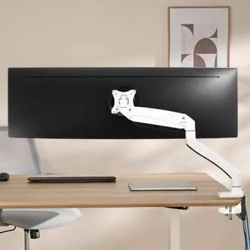 AVLT Single 17"-49" Super Ultrawide Monitor Arm for Screens Up to 50 lbs, Premium Aluminum Desk Stand, Adjustable Pneumatic Height, Full Motion Swivel Tilt Rotation, USB 3.0 & AUX Ports, White