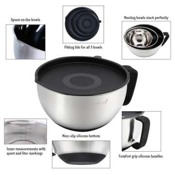 Rorence Stainless Steel Non-Slip Mixing Bowls With Pour Spout, Handle and Lid, Set of 3, Black