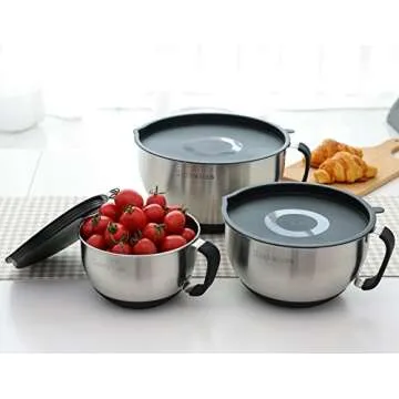 Rorence Stainless Steel Non-Slip Mixing Bowls With Pour Spout, Handle and Lid, Set of 3, Black