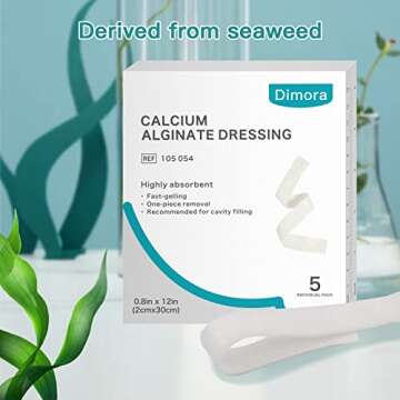 Dimora Calcium Alginate Wound Dressing, 0.8'' x 12'' Rope, 5 Individual Pads, Soft and Highly Absorbent Dressing Gauze, Non-Stick Padding for Wound Care