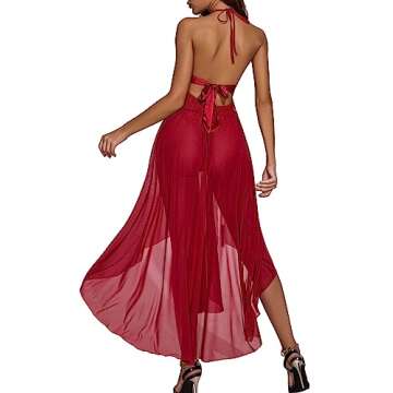 Avidlove Women Lingerie Deep V Neck Nightwear One Piece Sexy Nightgowns Mosaic Lace Mesh Dress (XXL, 1 Dark Red)