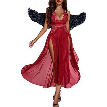 Avidlove Women Lingerie Deep V Neck Nightwear One Piece Sexy Nightgowns Mosaic Lace Mesh Dress (XXL, 1 Dark Red)