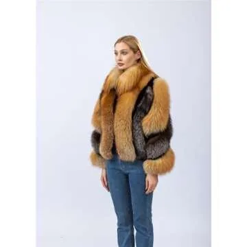 LVCOMEFF Women Natural Red Fox Silver Fox Fur Coat Furry Luxurious (X-Large)