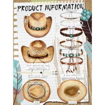 Skicuff Interchangeable Women Cowgirl Straw Western Cowboy Hat with 6 Decorative Bands Woven Straw Cowboy Hat Cowgirl Hat