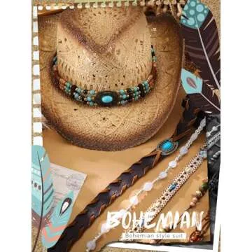 Skicuff Interchangeable Women Cowgirl Straw Western Cowboy Hat with 6 Decorative Bands Woven Straw Cowboy Hat Cowgirl Hat