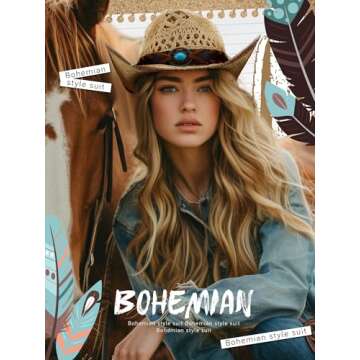 Skicuff Interchangeable Women Cowgirl Straw Western Cowboy Hat with 6 Decorative Bands Woven Straw Cowboy Hat Cowgirl Hat