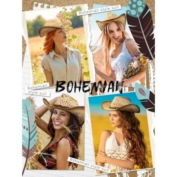 Skicuff Interchangeable Women Cowgirl Straw Western Cowboy Hat with 6 Decorative Bands Woven Straw Cowboy Hat Cowgirl Hat
