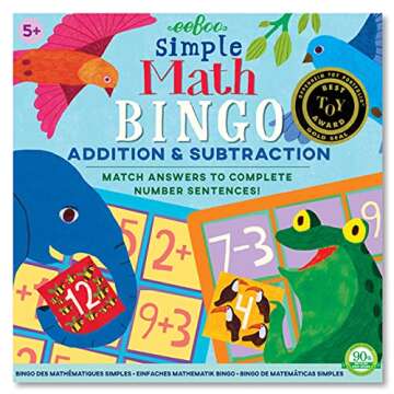 eeBoo: Simple Math Bingo Game, Addition & Subtraction, Match Answers to Complete Number Sentences, 54 Tiles Included, for Ages 5 and up
