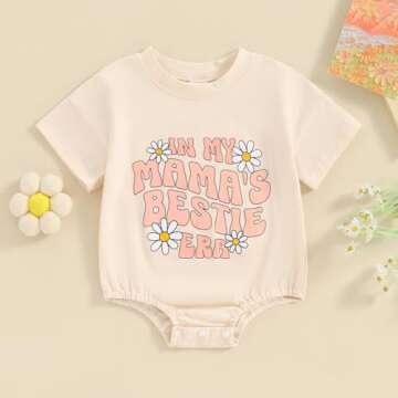 YOKJZJD Newborn Infant Baby Girl Summer Outfits Mama's Bestie Era Bubble Romper Daisy Short Sleeve Bodysuit T-Shirt Overalls (Beige, 0-3 Months)
