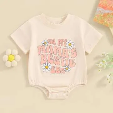 YOKJZJD Newborn Infant Baby Girl Summer Outfits Mama's Bestie Era Bubble Romper Daisy Short Sleeve Bodysuit T-Shirt Overalls (Beige, 0-3 Months)