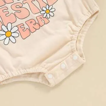 YOKJZJD Newborn Infant Baby Girl Summer Outfits Mama's Bestie Era Bubble Romper Daisy Short Sleeve Bodysuit T-Shirt Overalls (Beige, 0-3 Months)