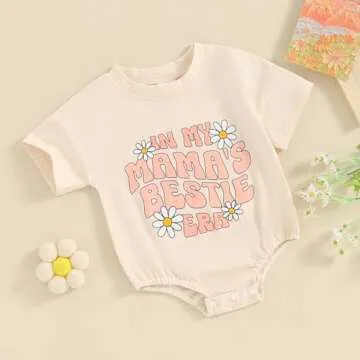 YOKJZJD Newborn Infant Baby Girl Summer Outfits Mama's Bestie Era Bubble Romper Daisy Short Sleeve Bodysuit T-Shirt Overalls (Beige, 0-3 Months)