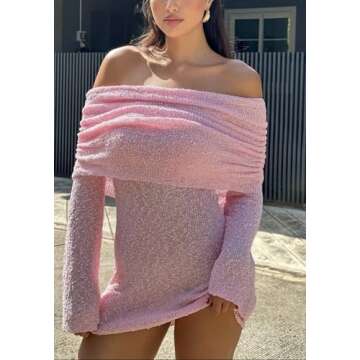 Unybwonn Women's Off The Shoulder Pink Knit Sweater Mini Dress Long Sleeve Mesh Sheer Bodycon Short Dresses for Party Club