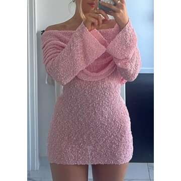 Unybwonn Women's Off The Shoulder Pink Knit Sweater Mini Dress Long Sleeve Mesh Sheer Bodycon Short Dresses for Party Club
