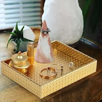 Gurfuy Rectangular Faux Leather Small Serving Tray 10" x 8" Modern Elegant Decorative Tray for Coffee Table Jewelry Perfume Organizer Living Dining Room Coffee Table Bathroom Office (Gold)