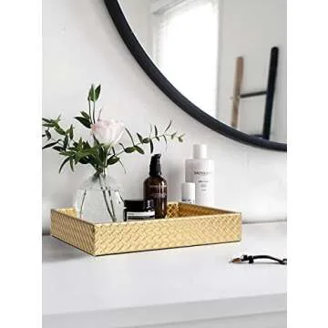 Gurfuy Rectangular Faux Leather Small Serving Tray 10" x 8" Modern Elegant Decorative Tray for Coffee Table Jewelry Perfume Organizer Living Dining Room Coffee Table Bathroom Office (Gold)