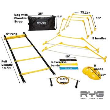 Raise Your Game Agility Ladder Speed Training Set - RYG 8 Cones, 5 Hurdles, Resistance Bands, Perfec...