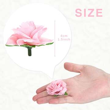 Kesoto 50pcs Pink Roses Artificial Flowers Bulk, 1.6" Small Silk Fake Roses Flower Heads for Decorat...
