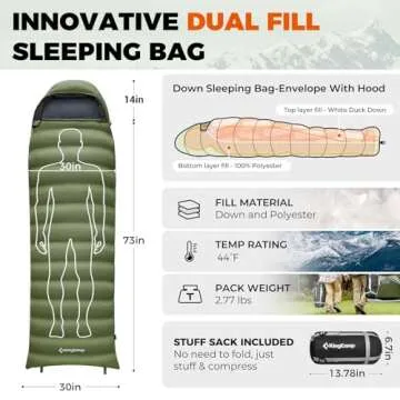 KingCamp Ultralight Down Sleeping Bag, 650 FP Compact Cold Weather 3-4 Season Sleeping Bag for Adult...