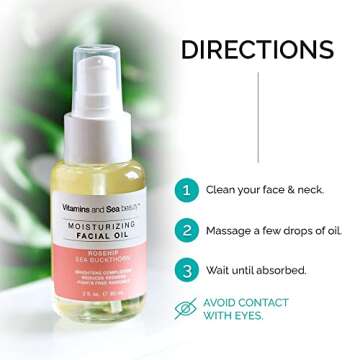 VITAMINS AND SEA BEAUTY Face Oil Facial Day Moisturizer Hydrating with Rosehip Oil and Sea Buckthorn, All Skin Types, 2 Fl Oz