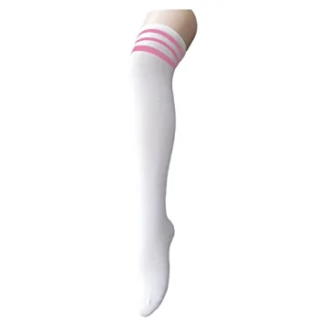 Zando Women Thin Stripes Tube Thigh High Tights Over Knee Socks Casual High Stockings E White w Pink