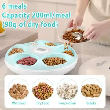 Ownpets 6 Meals Automatic Cat Feeder for Wet/Dry Food, with 2 Ice Packs, Programmable Timed Pet Feeder, Cordless Rechargeable Battery Auto Feeder for Cats/Small Dogs