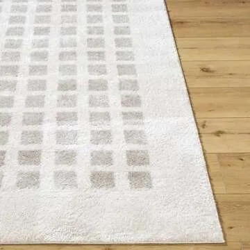 Hauteloom Baback Checkered Area Rug - Modern Geometric Square Tiles Carpet for Living Room, Kids Room, Nursery - Machine Washable - High Pile - Peach, Medium Gray - 5'3" x 7' (5x7 Area Rug)