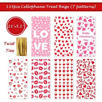 Valentines Day Candy Goody Bags, Valentine Goodie Bags for Kids, 133 Pcs - Valentines Cellophane Treat Bags, Clear Goodie Bags With Ties, Cellophane Cookie Bags, Valentines Day Gift Bags, 7 Designs
